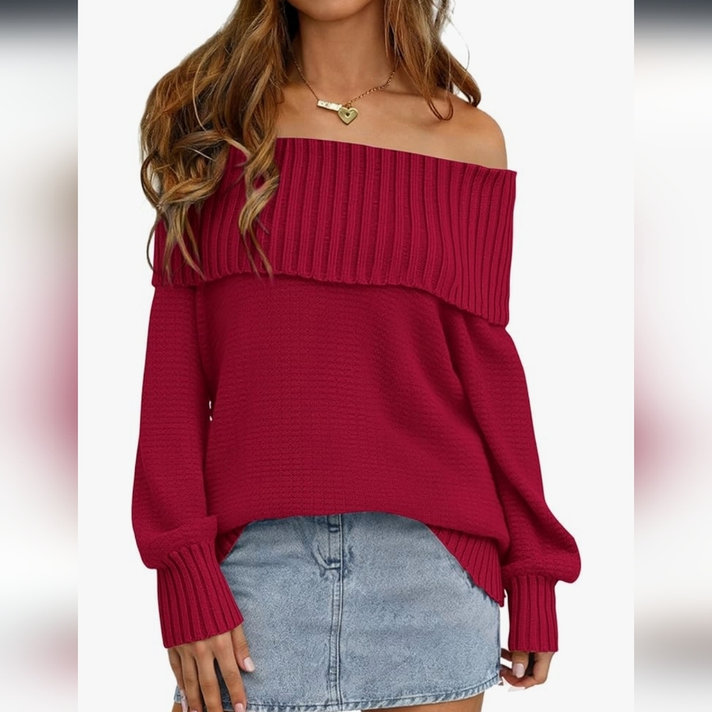 Super Cute Off The Shoulder Ribbed Details Loose Fit Sweater In Red, Size Large